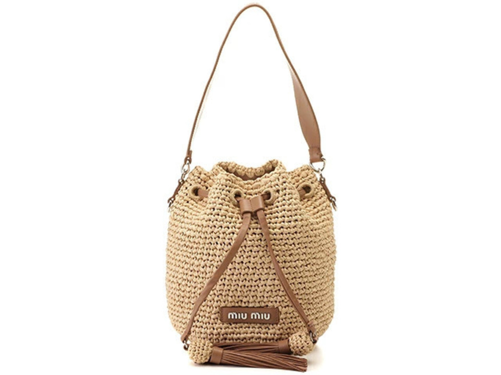 Miu Miu Bucket Bag Shoulder Raffia Calfskin Brown Basket Drawstring